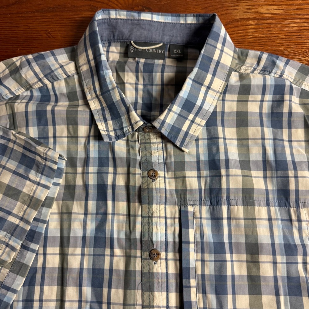Free‎ Country Mens XXL Blue Plaid Short Sleeve Button Down Shirt Zip Pocket